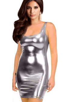 Synthetic Leather Women Bodycon Mini Dress (Silver)  