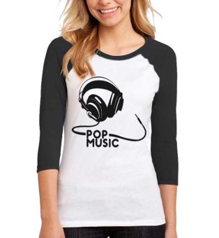 Sz Graphics Pop Music T Shirt Raglan 3/4 Wanita Kaos Raglan 3/4 Wanita T Shirt Wanita Kaos Wanita-Hitam Putih  
