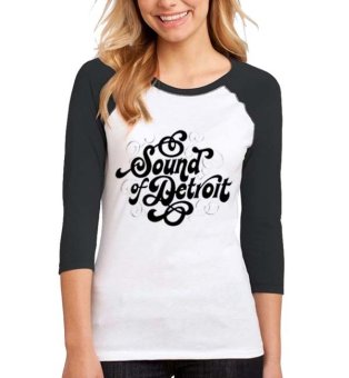 Sz Graphics Sound Of Detroit T Shirt Raglan 3/4 Wanita Kaos Raglan 3/4 Wanita T Shirt Wanita-Hitam Putih  