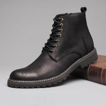 Tauntte Retro Men Chelsea Boots Full Grain Leather Slip On Ankle Boots Bullock Carving Flower Boots (Black) - intl  