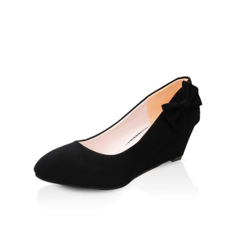 Tauntte Round Toe Flock Wedges Pumps Fashion Butterfly-Knot Med Heels Shallow Casual Shoes For Lady (Black) - intl  