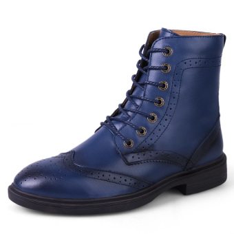 Tauntte Winter British Men Martin Boots Fashion Keep Warm Carving Flower Bullock Boots Genuine Leather Boots Plus Size (Blue) - intl  
