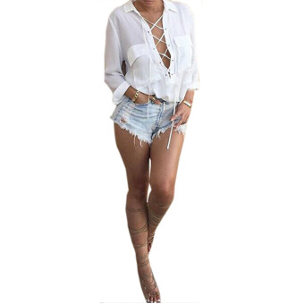 Teamtop ZANZEA Women Summer Sexy V-neck Lace up Chiffon Top Long Sleeve Party Club Shirt Blouse WHITE  