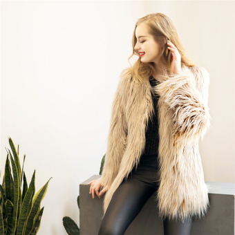 The Best Quality Elegant faux fur coat women Fluffy warm long sleeve female outerwear 3XL(Khaki) - intl  