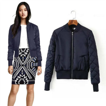 The Fashion Long sleeve Quilted Jacket Thin Padded Short Quilting Bomber Pilot Jacket Coat Outerwear Tops XL (Navy Blue) - intl  