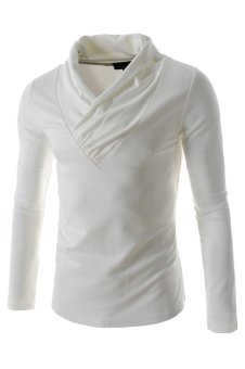 TheLees Shawl Collar Dress Style Basic Long Sleeve Cotton Tshirt White  