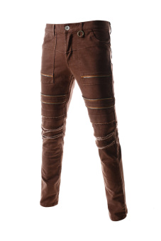 TheLees Skinny Stretchy Zipper Deoration Destroyed Cotton Jeans Brown  