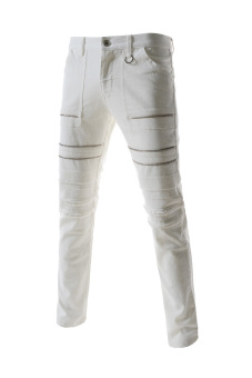 TheLees Skinny Stretchy Zipper Deoration Destroyed Cotton Jeans White  