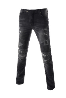 TheLees Slim Zipper Point Vintage Distressed Destroyed Jeans Black  