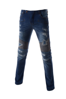 TheLees Slim Zipper Point Vintage Distressed Destroyed Jeans Blue  