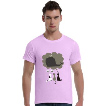Three Cats Imagine Mouse & Cheese Cake & Whale Cotton Soft Men Short Sleeve T-Shirt (Pink)   