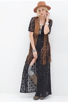 Toprank Design Women Tops Fashion Kimono Cardigan Lady Chiffon Lace Stitching Tops Blouse Long Cardigan Coat ( Black )  