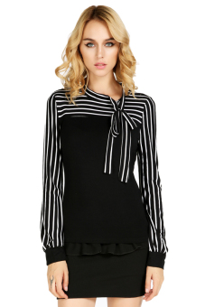 Toprank Elegant Women OL Blouses Polo Neck Shirts Stripes Long Puff Sleeve Tops Cotton Casual Blouses Patchwork T-Shirt Sv21 ( Black )  