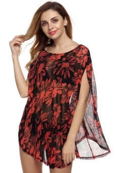 Toprank FINEJO New Fashion Women Casual O-neck Sleeve Batwing Floral Loose T-shirt ( Orange ) - intl  