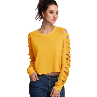 Toprank Finejo Stylish Ladies Women Casual Long Hollow Sleeve Irregular Top Solid Leisure Sexy Blouse ( Yellow ) - intl  