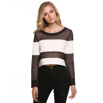 Toprank FINEJO Women Ladies O Neck Long Sleeve Mesh Patchwork Crop Top ( Black ) - intl  