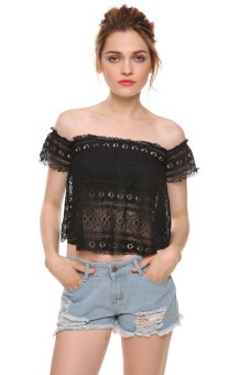 Toprank Ladies Women Casual Sexy Hollow Out Short Sleeve Slash Neck Lace T-Shirt Crop Top  