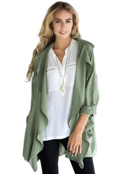 Toprank Ladies Women Jacket Turn Down Neck Long Sleeve Drawstring Waist Front Open Cardigan Coat Casual Loose Wind Coat ( Green )  