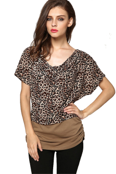 Toprank Women Fashion Sexy Leopard Round Neck Short Batwing Sleeve Patchwork T Shirt Tops  