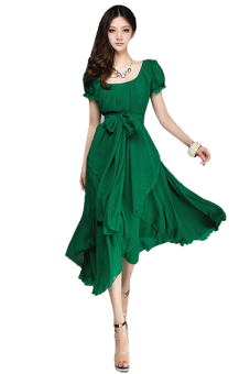Toprank Women Lady Solid Loose Casual Dresses Bohemian Chiffon Dress Fit Long Maxi Dress ( Green )  