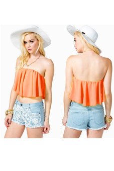 Toprank Women Sexy Strapless Blouse Vest Cut Out Shirt Summer Beach Tank Crop Tops ( Orange )  