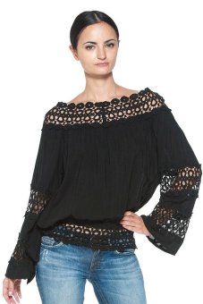 Toprank Women Slash Neck Lace Patchwork Side Strap Chiffon Blouse Tops ( Black ) (Intl)  