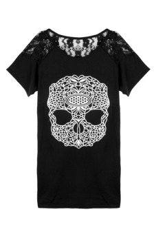 Toprank Women Summer T-Shirts Short Sleeve Tops Skull Lace T-Shirts Casual Women Clothing ( Black )  