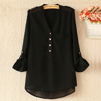 Toprank Women V-Neck Long Sleeve Asymmetric Hem Pure Color Loose Casual Tops Blouse Chiffon ( Black )  