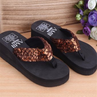 Toprime WSFF-BR-35 Women Sequins Skid Resistance High-heeled Beach Household Sandals and slippers Flip Flops(Brown) - intl  