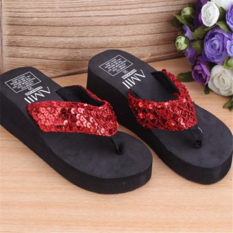 Toprime WSFF-RD-36 Women Sequins Skid Resistance High-heeled Beach Household Sandals and slippers Flip Flops(Red) - intl  