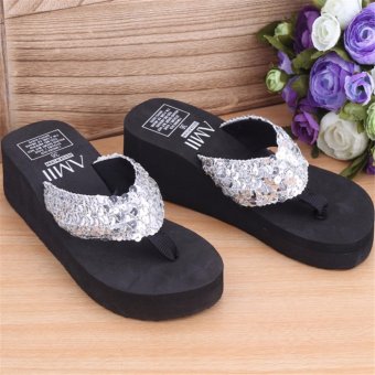 Toprime WSFF-SV-36 Women Sequins Skid Resistance High-heeled Beach Household Sandals and slippers Flip Flops(Silver) - intl  