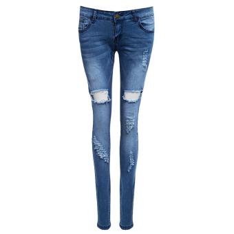 Trendy Mid Waist Skinny Destroyed Jeans for Women(DENIM BLUE)(Size:XL)(Int:S) - intl  