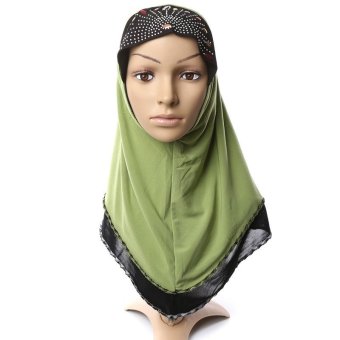 Two Tone Instant Long Shawl Hijabs Headscarf with Rhinestones (Green)  