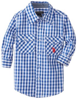 U.S. Polo Assn Little Boys' Cobalt Long-Sleeve Plaid-Cotton Sport Shirt Kemeja Anak - Biru  