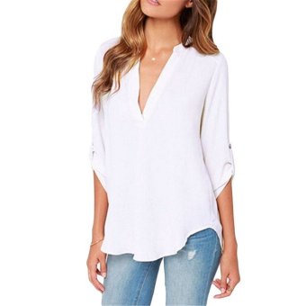 V-neck Loose Blouse with Button-Tab Sleeve (White)  