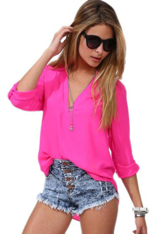 V-neck Loose Chiffon Shirt Blouse (Pink)  