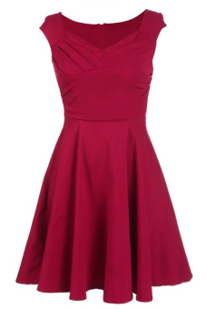 V-neck Sleeveless Pleated A-line Swing Dress (Red)  