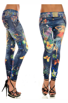 Velishy Women Jeans Tattoo Pattern Chic Punk (Blue)  