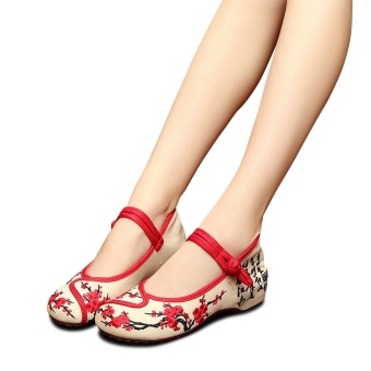 Veowalk Asian Women Blooming Flowers Embroidered Canvas Ballet Flats Mary Jane Comfort Casual Denim Jeans Shoes Beige - intl  