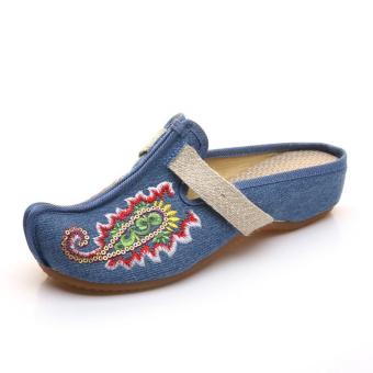 Veowalk Bling Sequins Nose Toe Women's Canvas Slippers Low Heel Wedges Vintage Ladies Summer Outdoor Casual Denim Sandals Shoes Blue - intl  