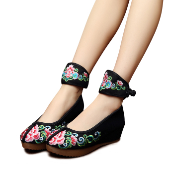 Veowalk bordiran bunga sepatu wanita kasual platform kapas yang membungkus pergelangan kaki 5 cm pertengahan kanvas SEPATU wanita HAK potongan Hitam - internasional  
