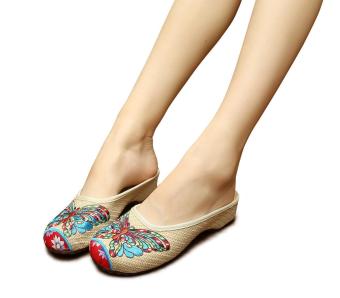 Veowalk Butterfly Embroidered Asian Woman Casual Flat Linen Slides Slippers Summer Comfort Slip on Sandals Shoes Beige - intl  