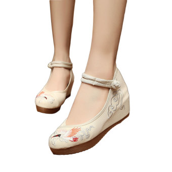 Veowalk Crane Embroidered Women's Casual Platform Shoes Cotton Buckles Old Beijing 5cm Mid Heels Ladies Canvas Wedges Pumps Beige - intl  