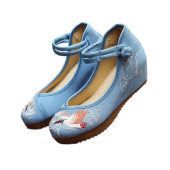 Veowalk Crane Embroidered Women's Casual Platform Shoes Cotton Buckles Old Beijing 5cm Mid Heels Ladies Canvas Wedges Pumps Blue - intl  