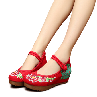 Veowalk Floral Embroidery Women's Casual Platform Shoes Cotton Comfortable Ladies 5cm Mid Heel Canvas Wedges Pumps Red - intl  