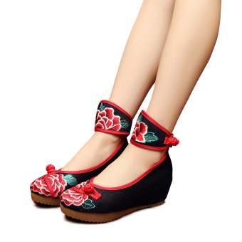 Veowalk Floral Embroidery Women's Casual Platform Shoes Cotton Ankle Wrap 5cm Mid Heel Canvas Wedges Pumps Black - intl  