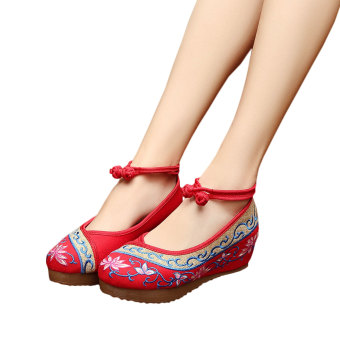 Veowalk Flower Embroidered Women's Casual Platform Shoes Cotton Ankle Buckles 5cm Mid Heels Ladies Canvas Wedges Pumps Red - intl  