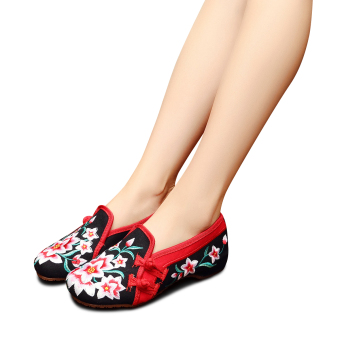 Veowalk Lily Flower Embroidered Women Casual Cotton Flat Shoes Ladies Comfort Vintage Old Beijing Walking Canvas Loafers Black - intl  