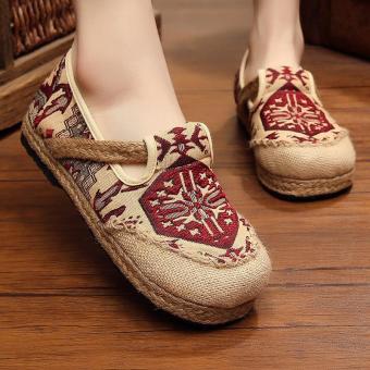 Veowalk Linen Cotton Thailand Style Embroidered Women Casual Loafers Comfort Flat Platforms Shoes for Ladies Red - intl  