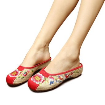 Veowalk Patchwork Embroidered Asian Woman Casual Linen Flat Slides Slippers Summer Comfort Outdoor Walking Sandals Shoes Beige - intl  